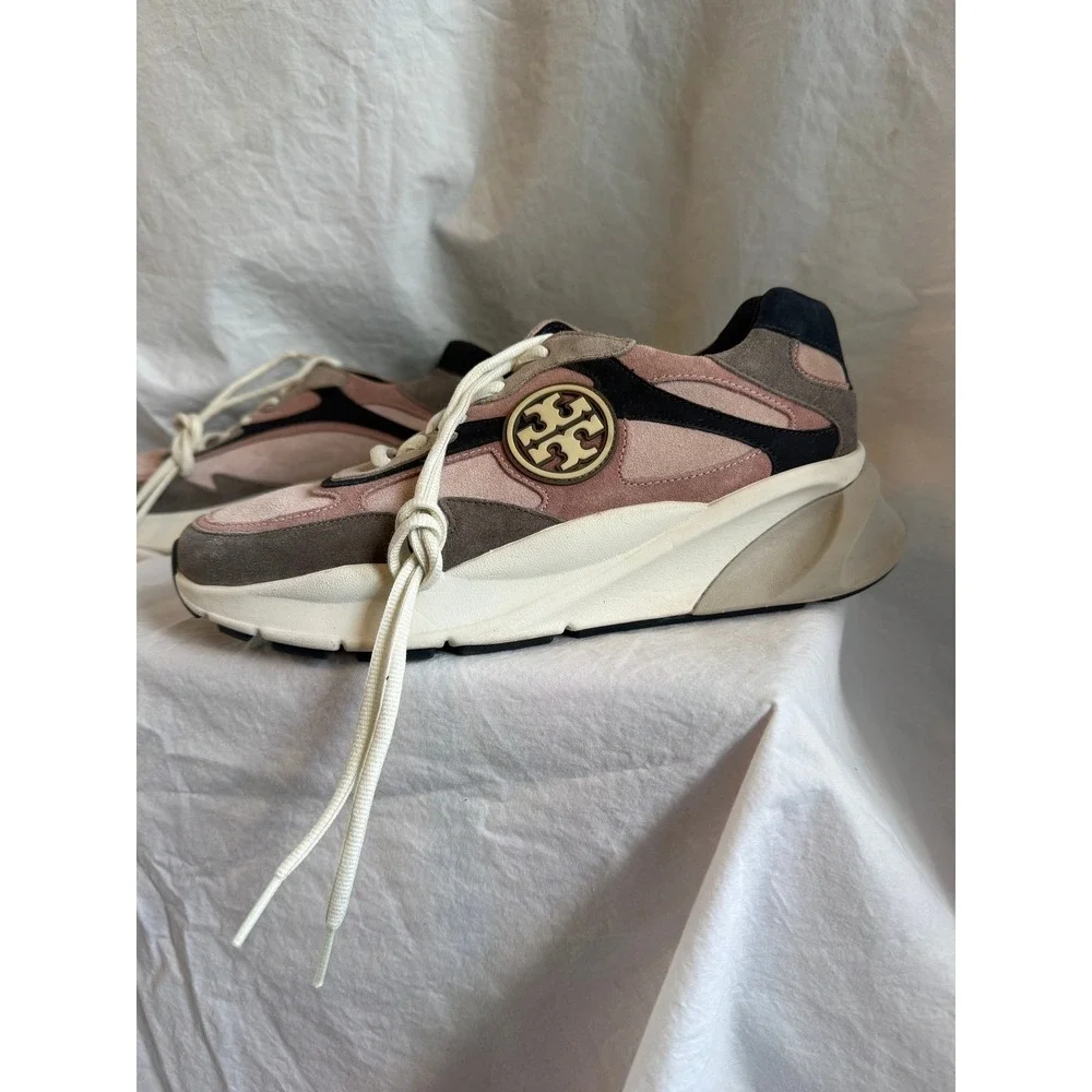 Tory Burch Good Luck Trainer Sneakers Pink Brown Suede Colorblock Logo Shoes